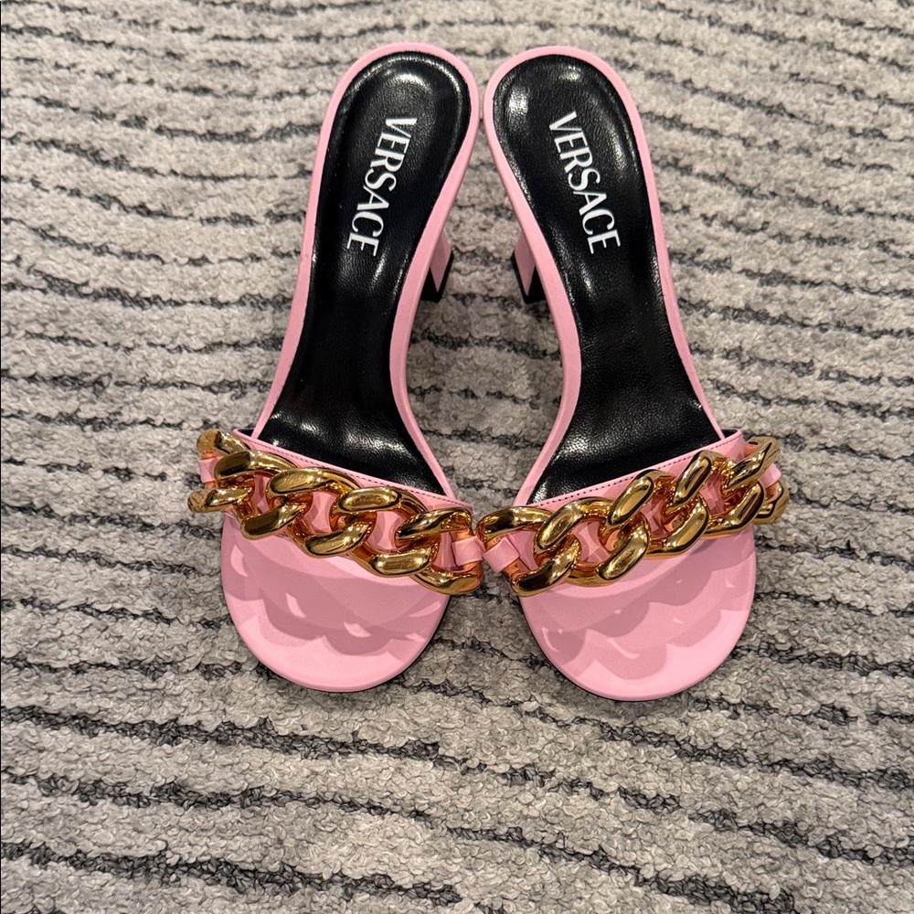Versace Pink Heels with Gold Chain Accent